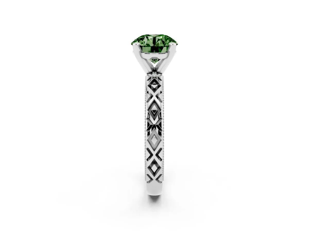 Fancy Green Round Cut Solitaire Diamond Ring with Milgrain and Black Enamel X Pattern Band Silver