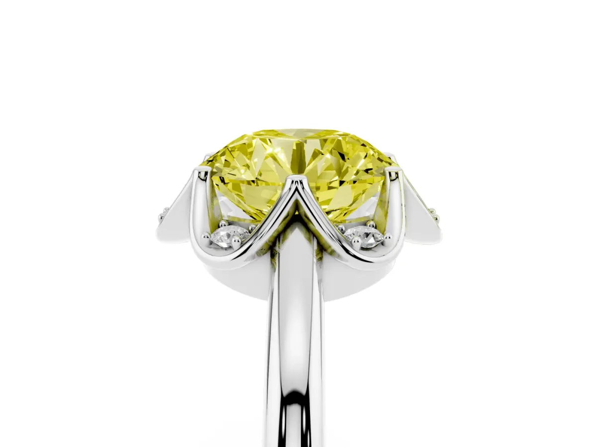 Fancy Yellow Round Cut Halo Diamond Ring with Round Cluster Setting, Solitaire Band, and Four-Prong Setting White gold