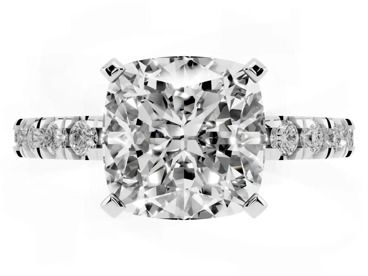 Cushion Cut Diamond Pavé Band Solitaire with Four-Prong Setting Platinum