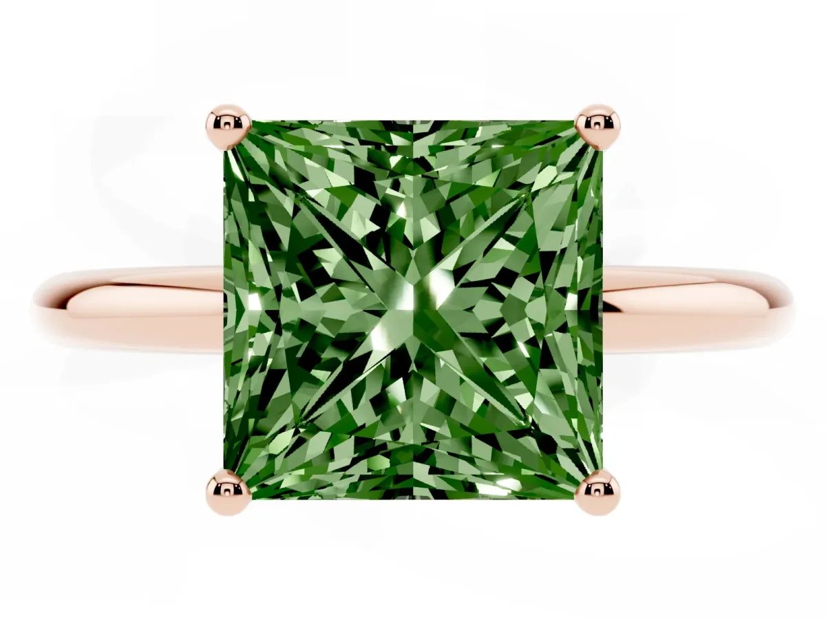 Fancy Green Princess Cut Cut Solitaire Engagement Ring with Four-Prong Setting and Classic Band Rose gold