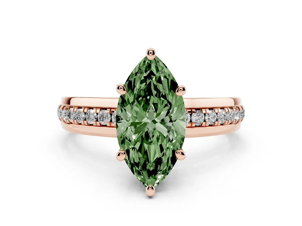 Fancy Green Marquise Cut Solitaire Diamond Ring with Channel Set Band and Six-Prong Setting Rose gold
