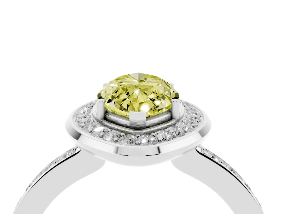 Fancy Yellow Marquise Cut Diamond Halo Ring with Bezel Frame and Pavé Band Platinum