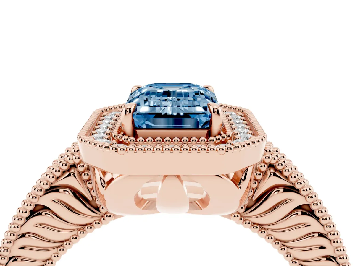 Fancy Blue Emerald Cut Cut Halo Diamond Ring with Pavé Band and Four-Prong Setting Rose gold