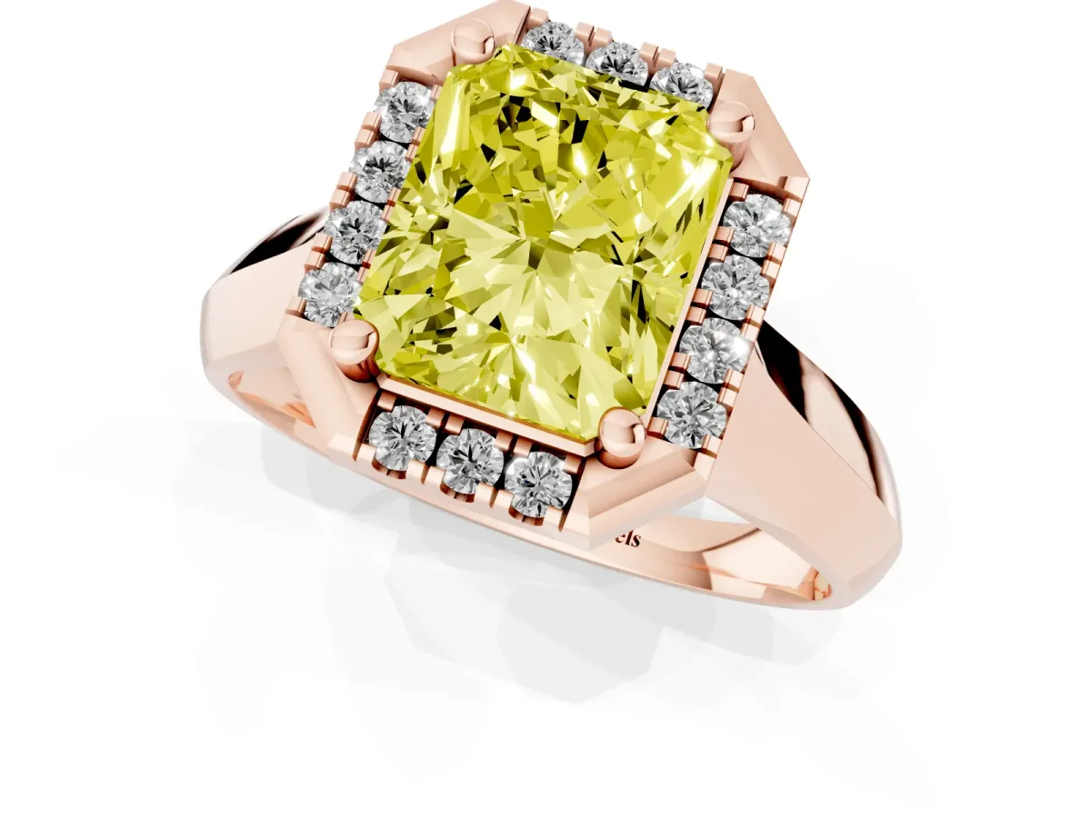 Fancy Yellow Radiant Cut Cut Halo Solitaire Engagement Ring with Square Band and Four-Prong Setting Rose gold