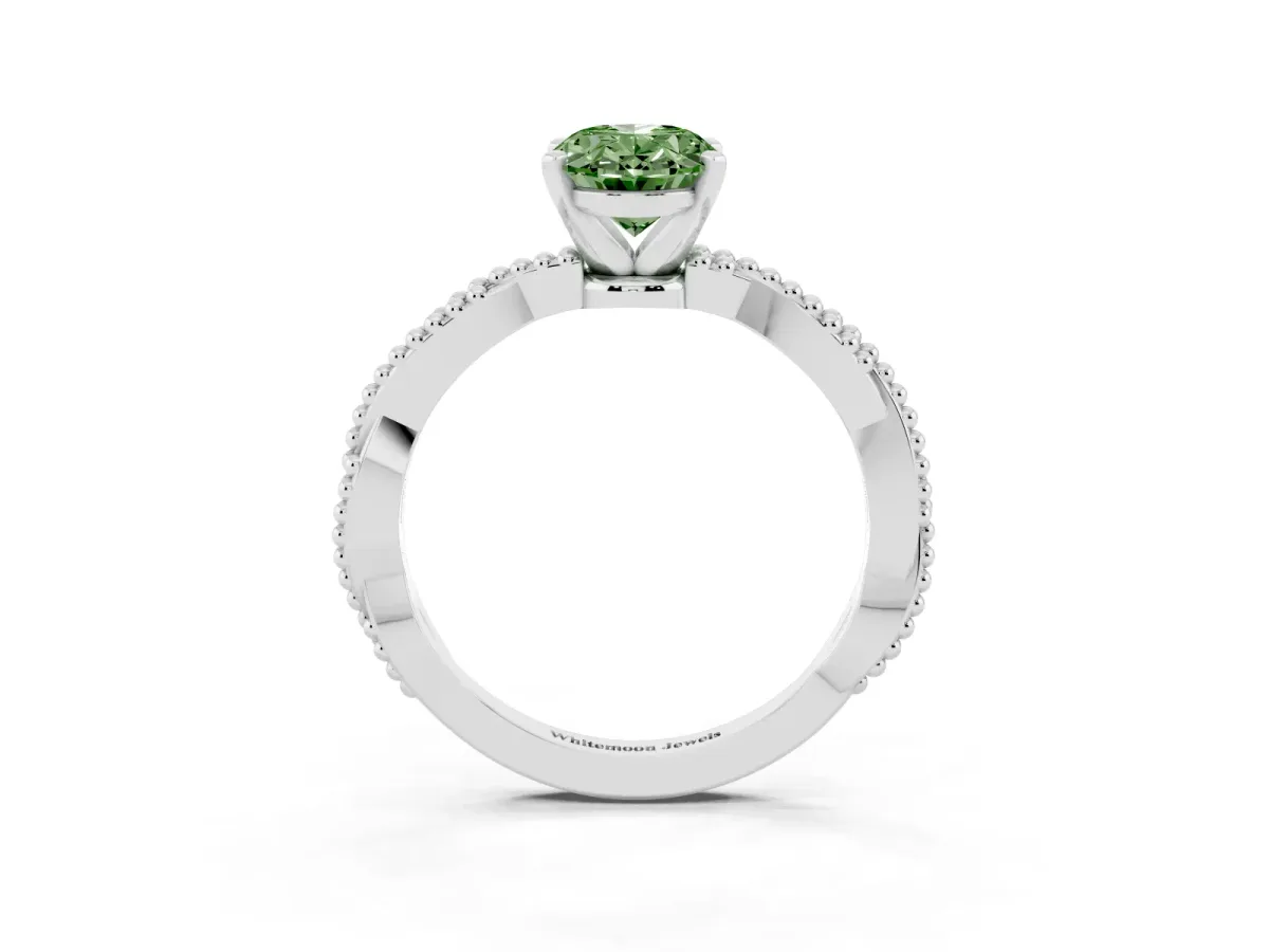 Fancy Green Oval Cut Solitaire Twisted Band with Bead Prong Setting White gold