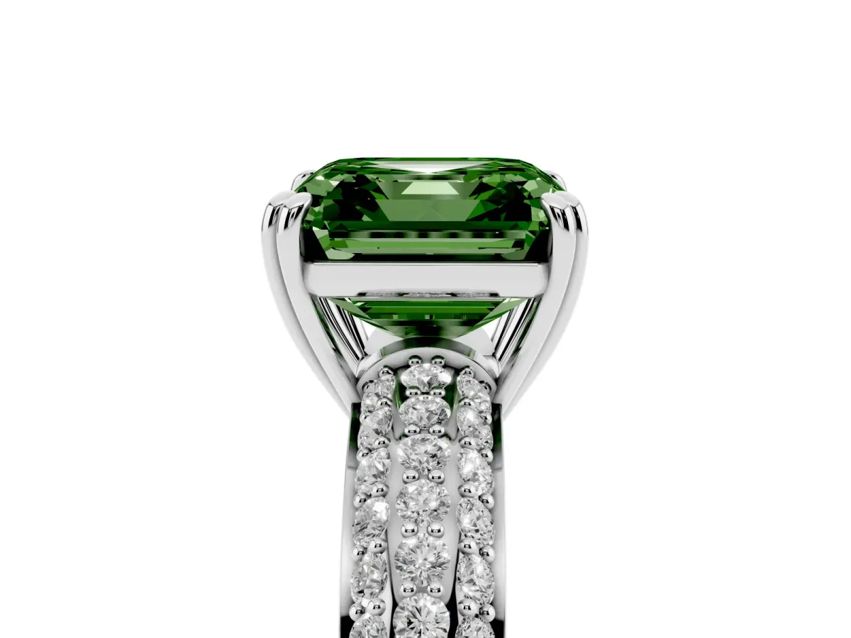 Fancy Green Asscher Cut Diamond Solitaire Ring with Multi-Row Round Pavé Band and Prong Setting Silver