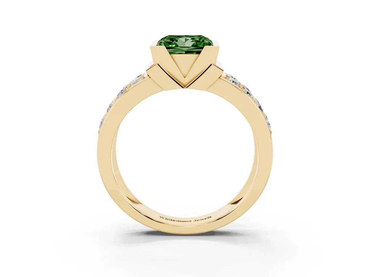 Fancy Green Princess Cut Brilliant Diamond Channel Set Wide Band Ring with Bezel Setting Yellow gold