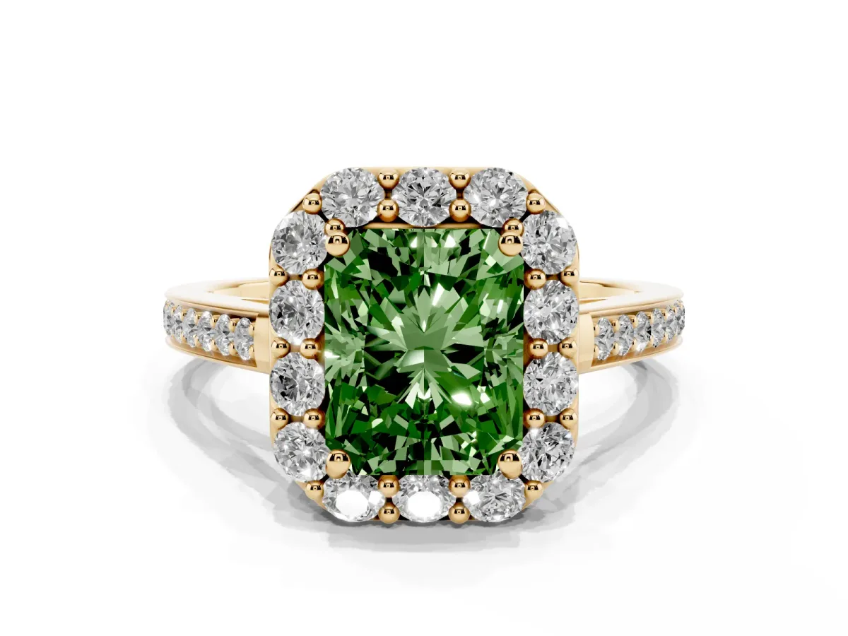 Fancy Green Radiant Cut Diamond Floral Halo Ring with Pavé Band and Prong Setting Yellow gold