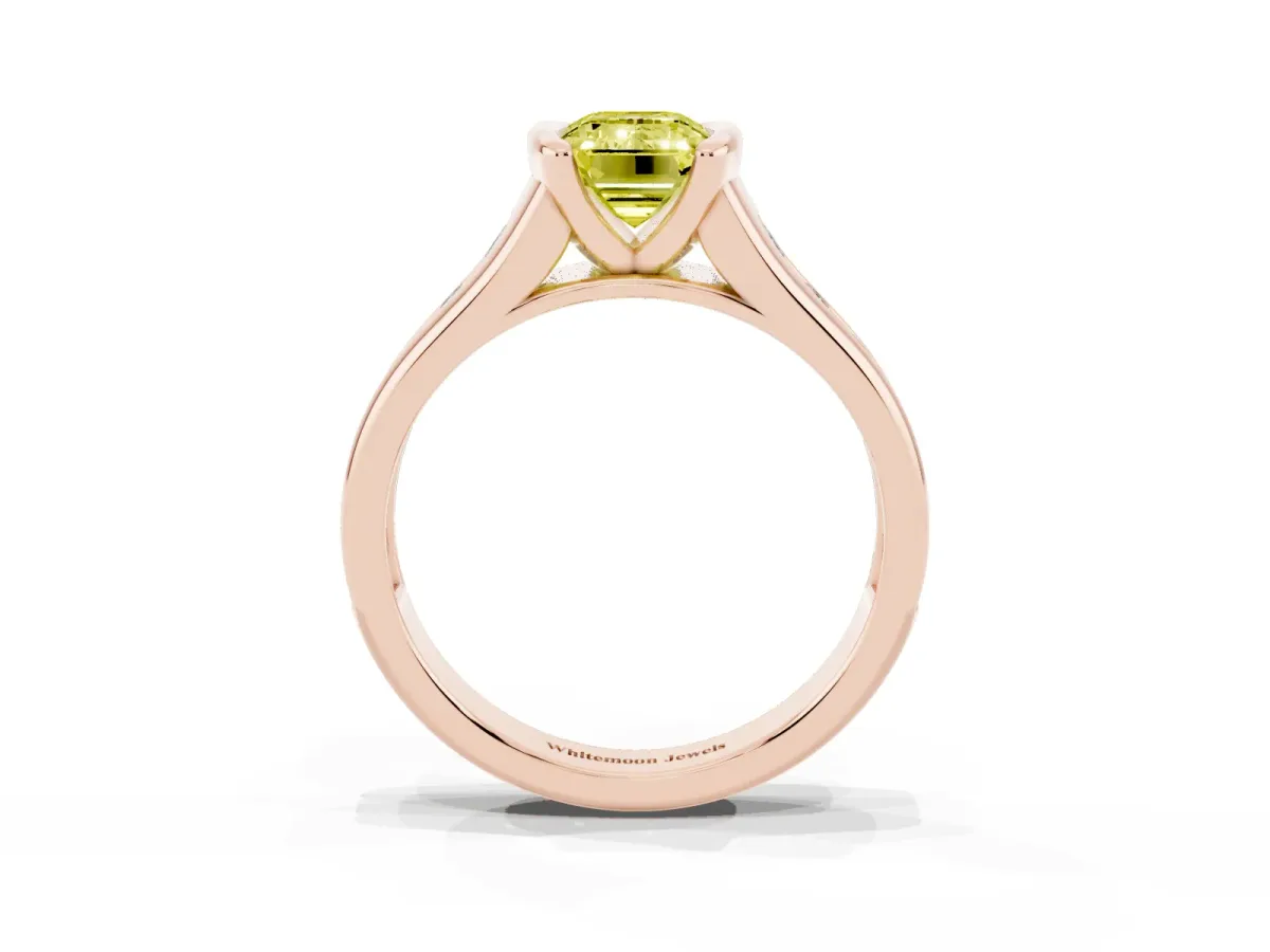 Fancy Yellow Emerald Cut Solitaire Bezel-Set Diamond Ring with Channel-Set Band Rose gold