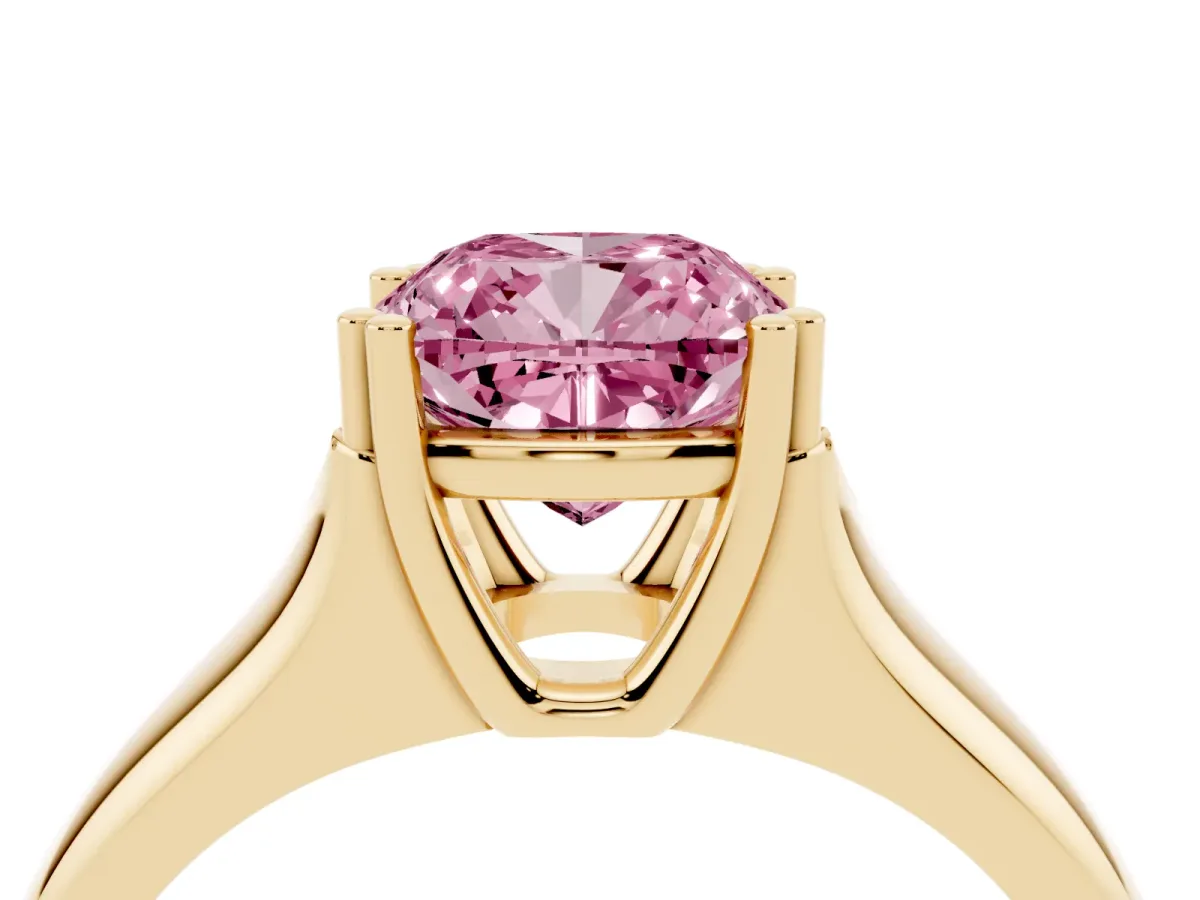 Fancy Pink Cushion Cut Diamond Solitaire Ring with Wide Band and Prong Setting Yellow gold