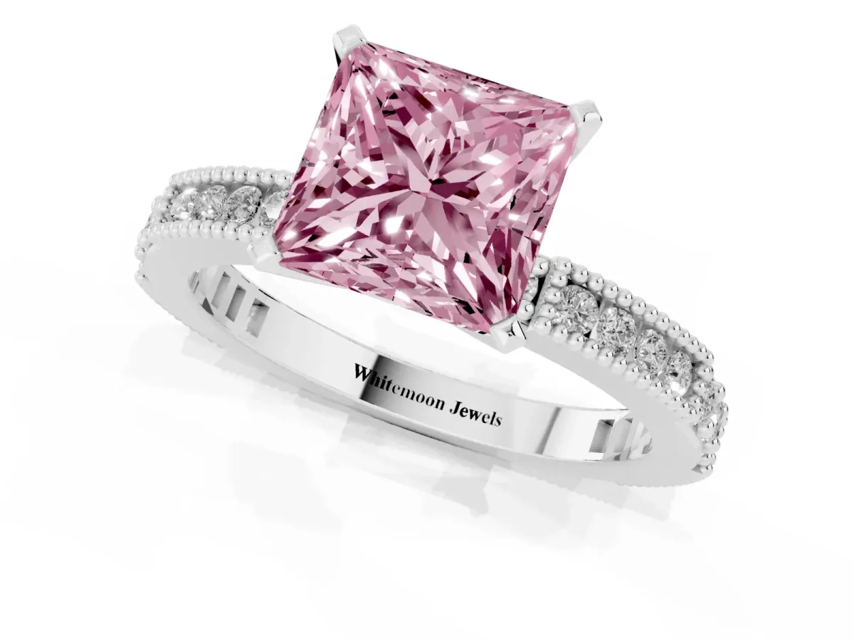 Fancy Pink Princess Cut Solitaire with Pavé Band and Four-Prong Setting Silver