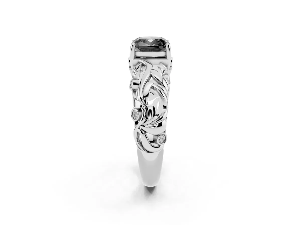 Fancy Black Cushion Cut Solitaire Diamond Leaf-Inspired Vine Band Ring with Prong Setting Silver
