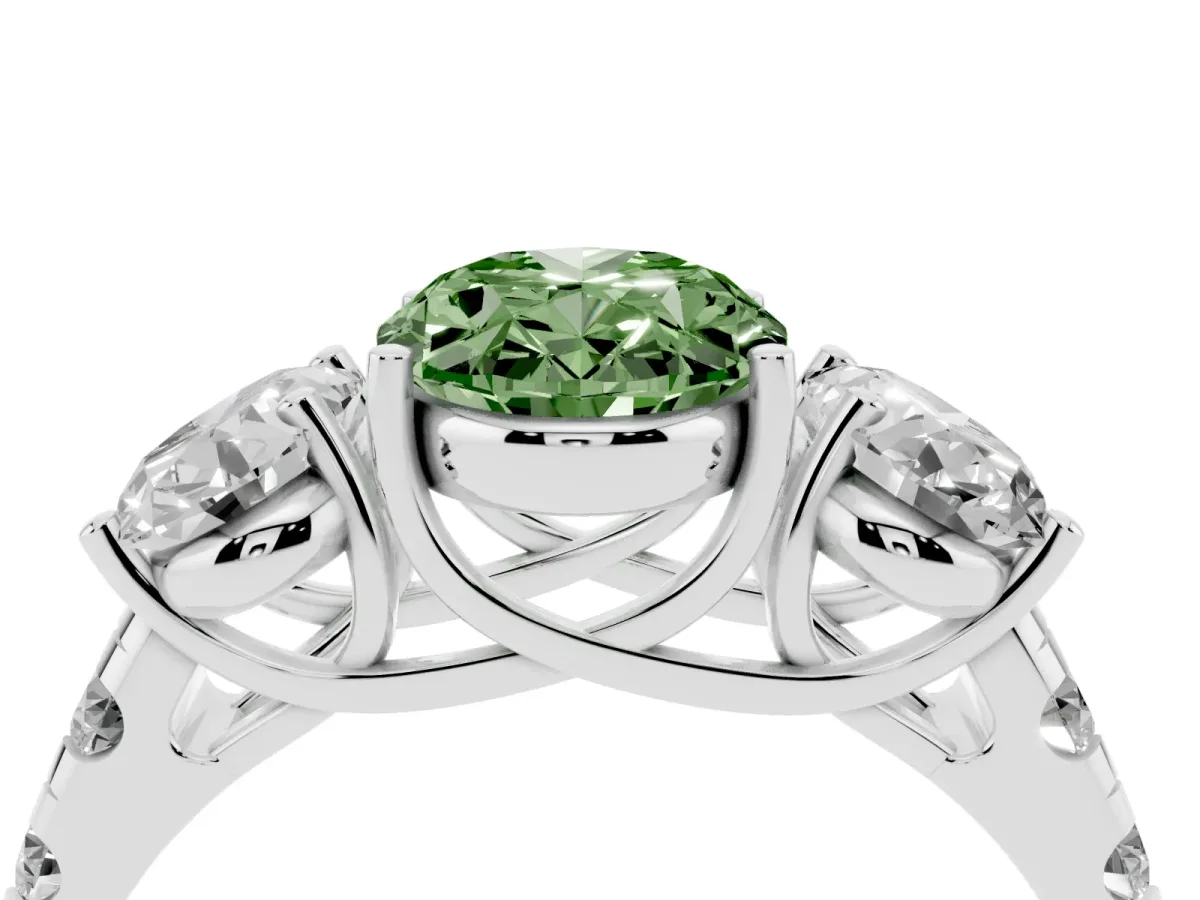 Fancy Green Three-Stone Oval Cut Diamond Pavé Band with Prong Setting Silver