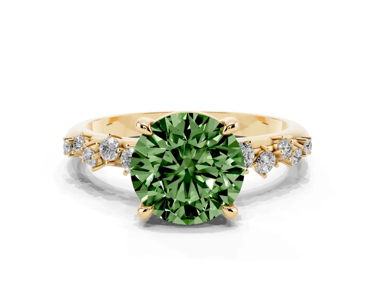 Fancy Green Round Cut Cut Diamond Vine Band with Four-Prong Setting Yellow gold