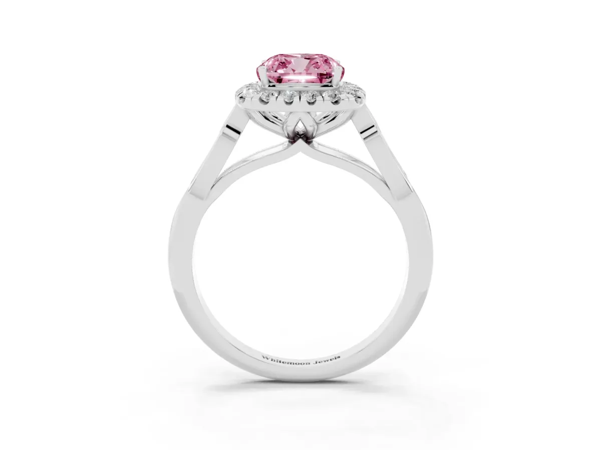 Fancy Pink Cushion Cut Halo Diamond Engagement Ring with Filigree Band and Four-Prong Setting Platinum