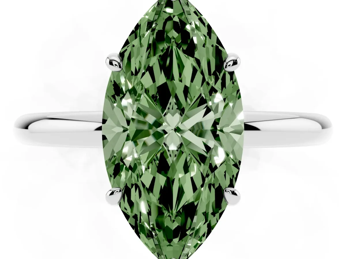 Fancy Green Marquise Cut Solitaire Diamond Ring with Four-Prong Setting on a Plain Band Silver