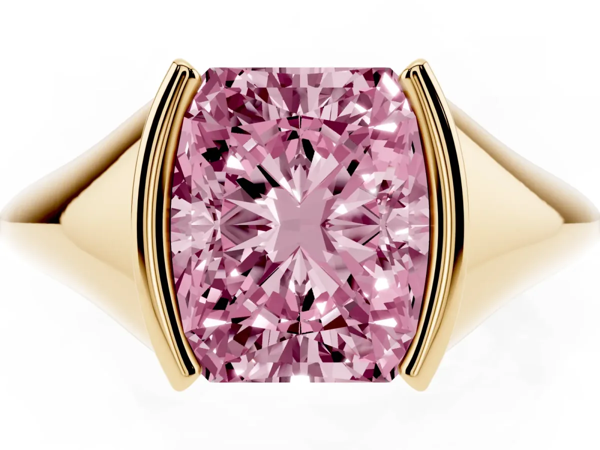 Fancy Pink Radiant Cut Solitaire Tension Set Diamond Ring Yellow gold