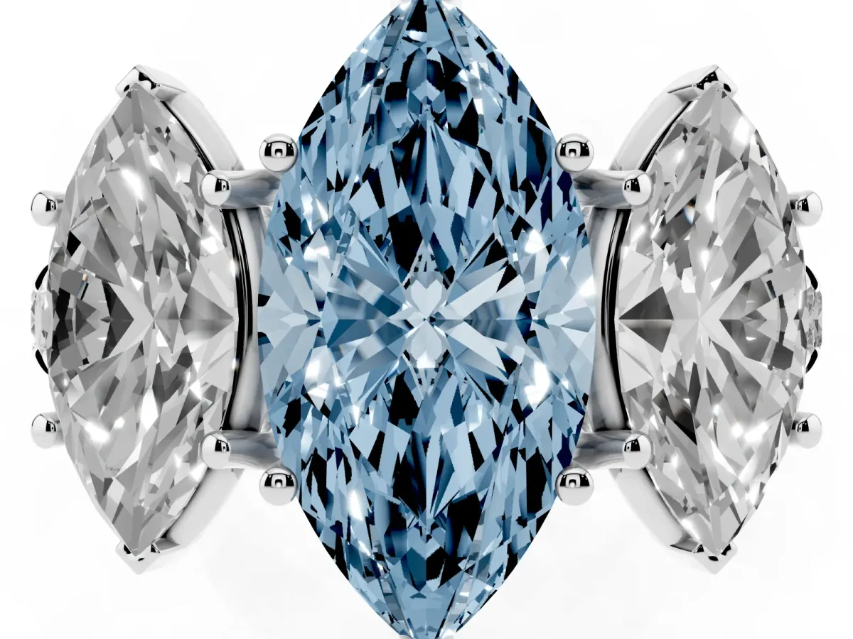 Fancy Blue Three-Stone Marquise Cut Diamond Pavé Band with Prong Setting Platinum