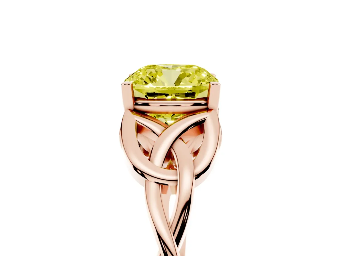 Fancy Yellow Cushion Cut Diamond Solitaire Engagement Ring with Celtic Knot Band and Four-Prong Setting Rose gold