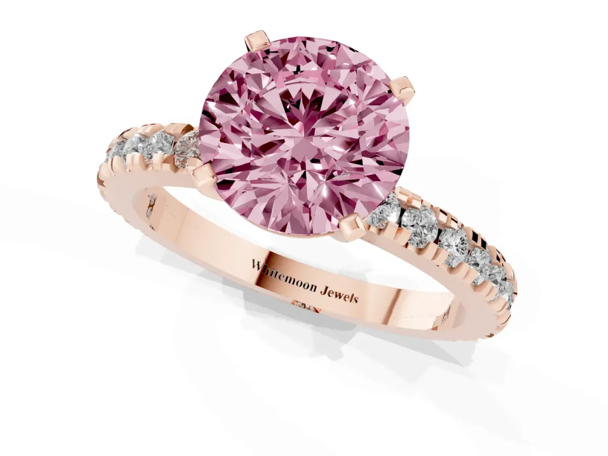 Fancy Pink Round Cut Diamond Pavé Band Solitaire with Four-Prong Setting Rose gold