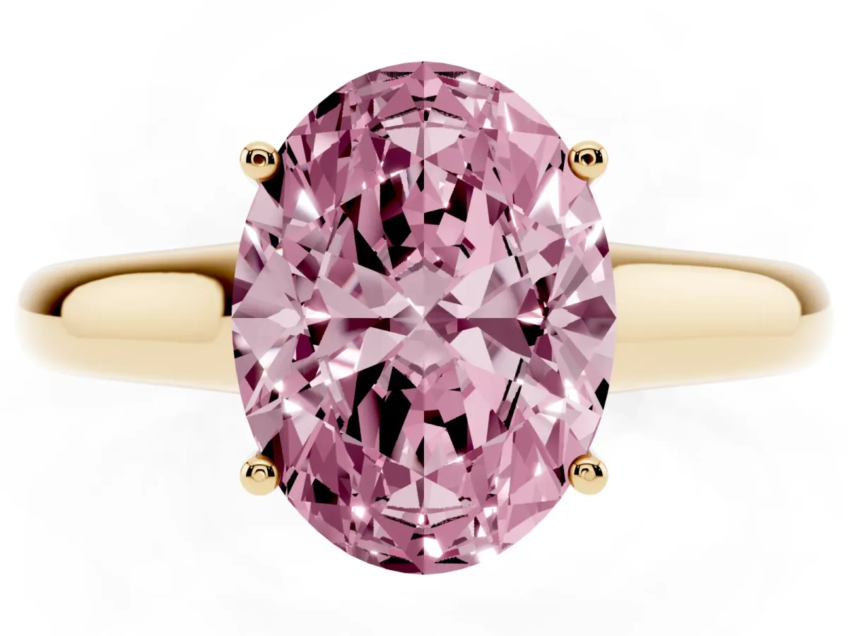 Fancy Pink Oval Cut Solitaire Engagement Ring with Tapered Band and Four-Prong Setting Yellow gold