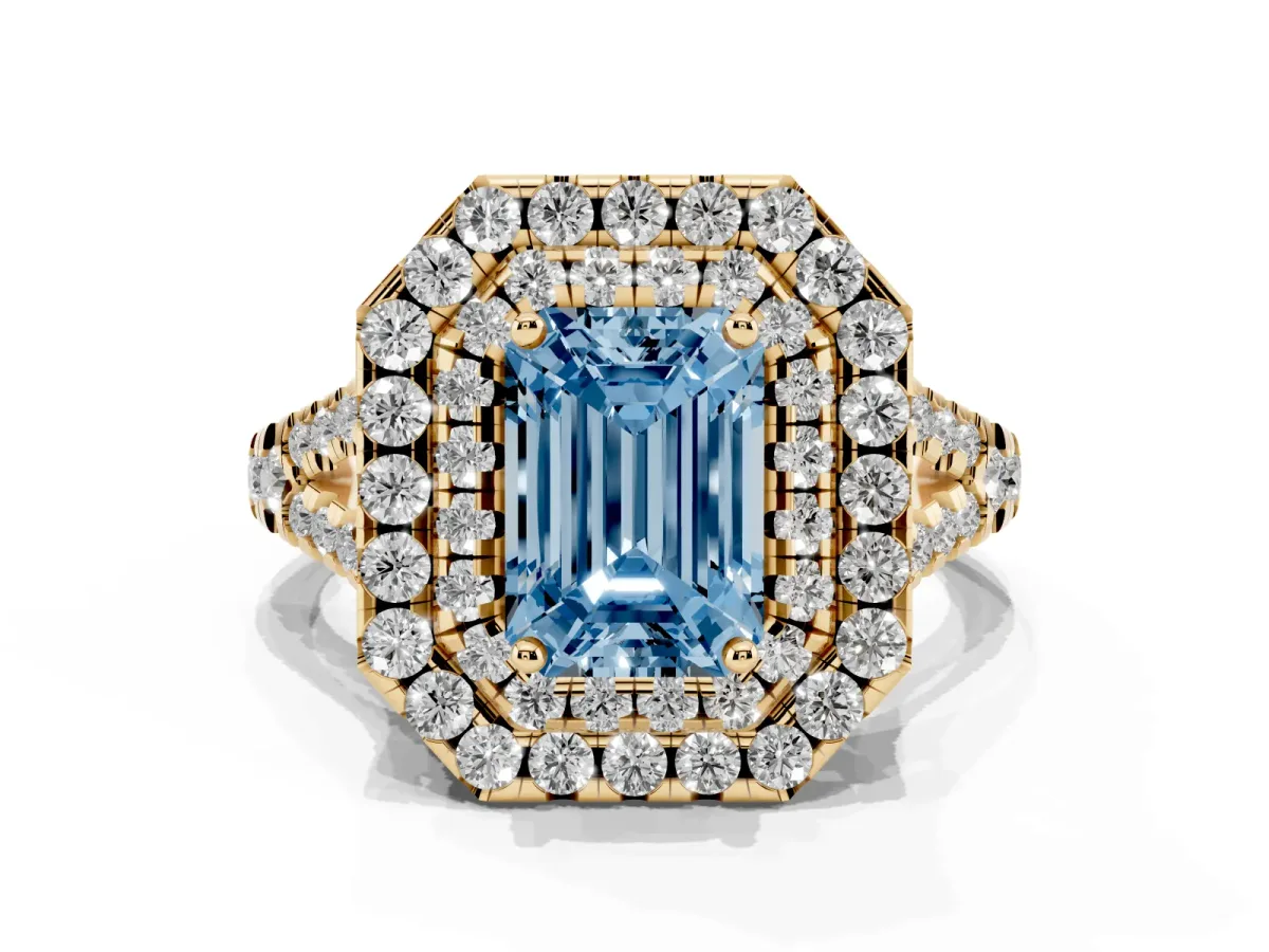 Fancy Blue Double Halo Emerald Cut Diamond Pavé Split Shank Ring with Prong Setting Yellow gold