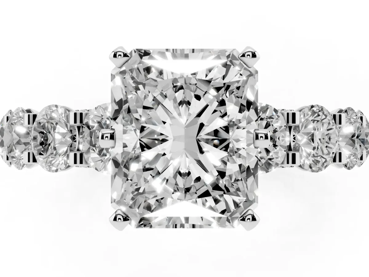 Radiant Cut Diamond Side Stone Engagement Ring with Four-Prong Setting Silver