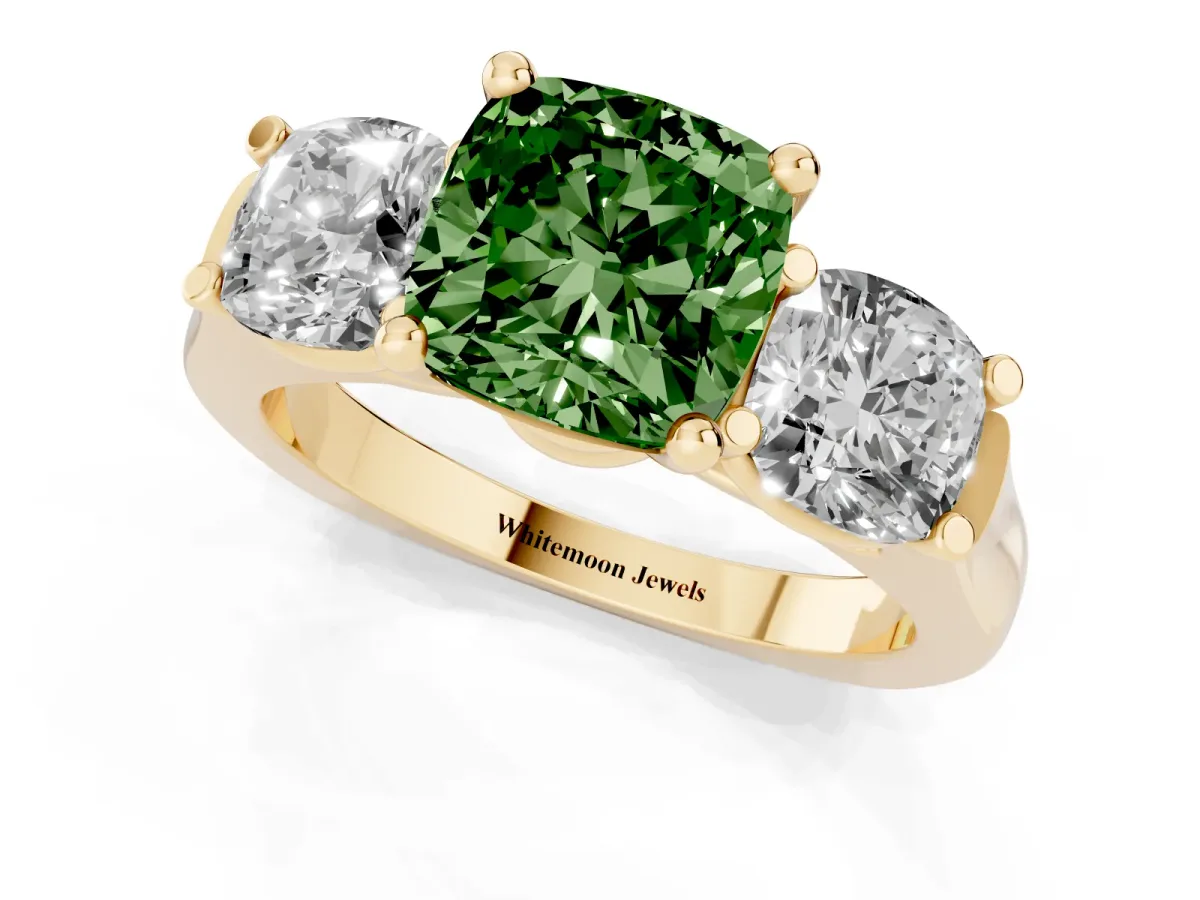 Fancy Green Three-Stone Cushion Cut Brilliant Diamond Trellis Ring with Comfort Fit Band Yellow gold