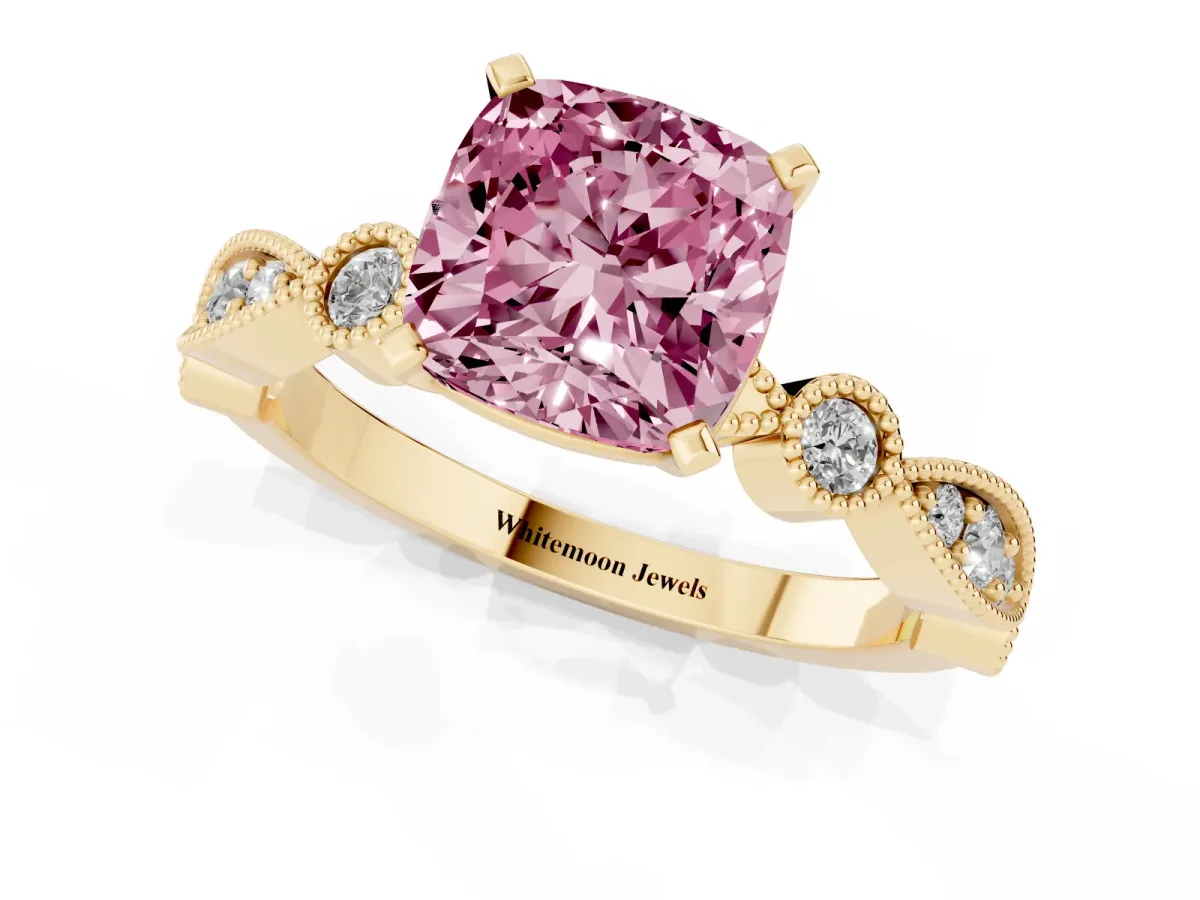 Fancy Pink Cushion Cut Milgrain Bezel Diamond Engagement Ring with Solitaire Prong Setting Yellow gold