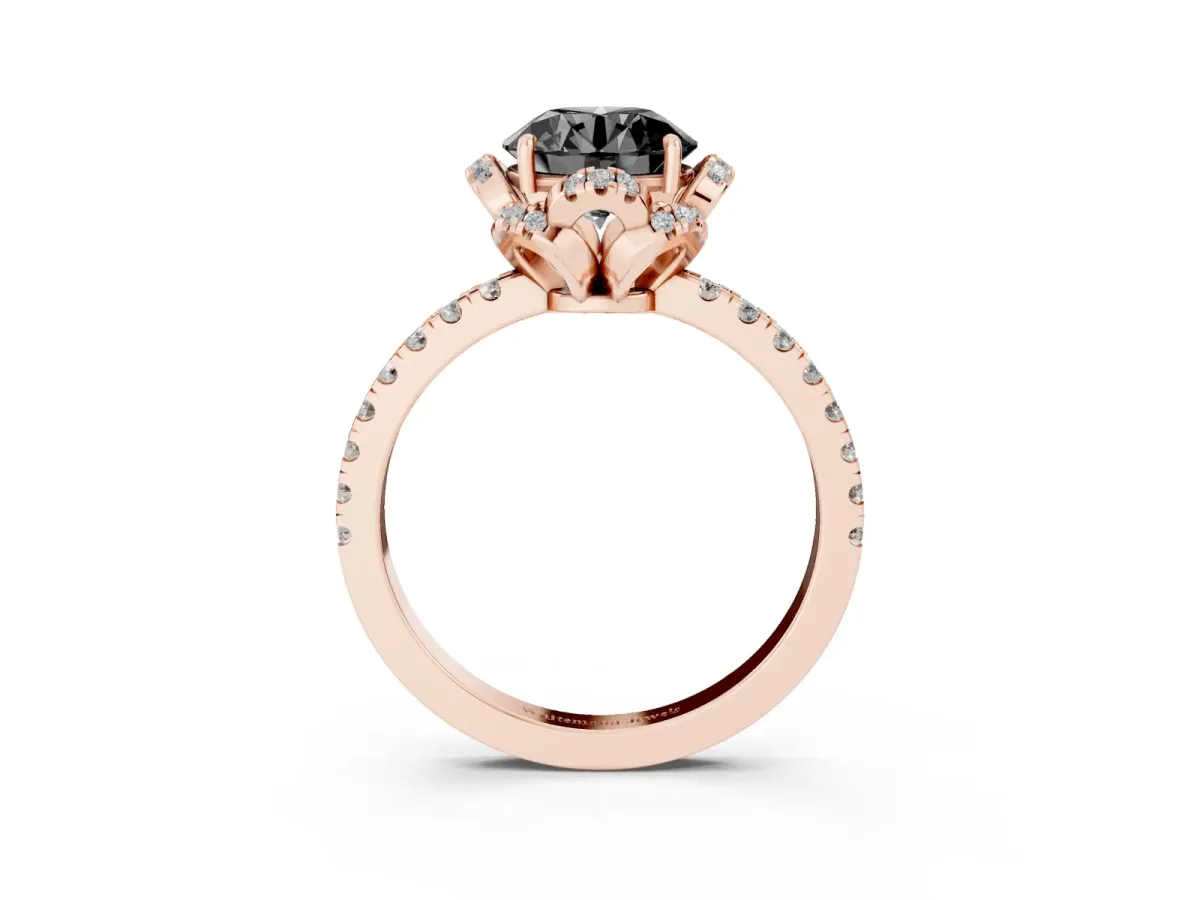 Fancy Black Round Cut Diamond Halo Pave Band with Four-Prong Setting Rose gold