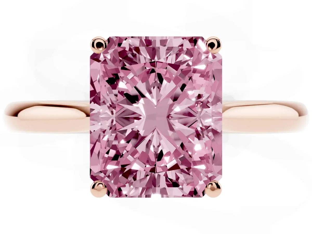 Fancy Pink Radiant Cut Cut Solitaire Ring with Cathedral Band and Four-Prong Setting Rose gold