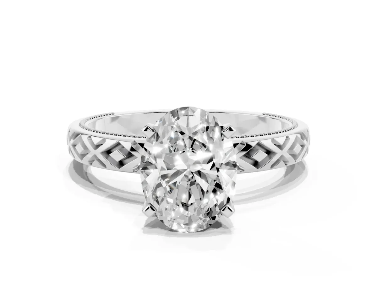 Oval Cut Solitaire Diamond Ring with Milgrain and Black Enamel X Pattern Band Silver