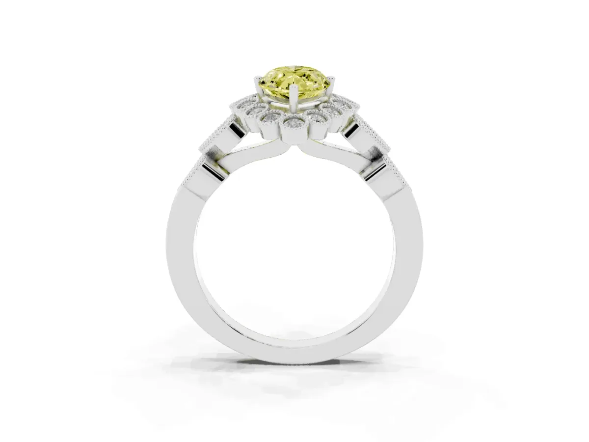 Fancy Yellow Marquise Cut Brilliant Milgrain Pave Heart Band Solitaire Ring Silver