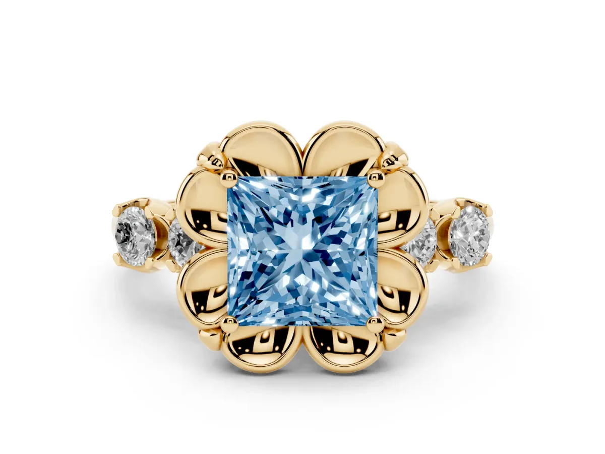 Fancy Blue Princess Cut Cut Diamond Floral Halo Engagement Ring with Shared Prong Setting Yellow gold