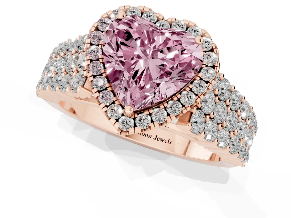Fancy Pink Heart Cut Diamond Halo Engagement Ring with Triple Row Round Pavé Band and Prong Setting Rose gold