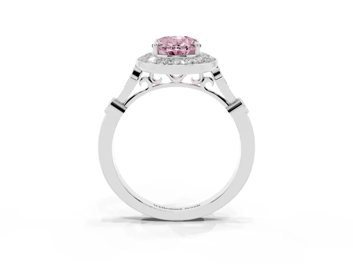 Fancy Pink Oval Cut Halo Diamond Engagement Ring with Twisted Band and Four-Prong Setting Silver