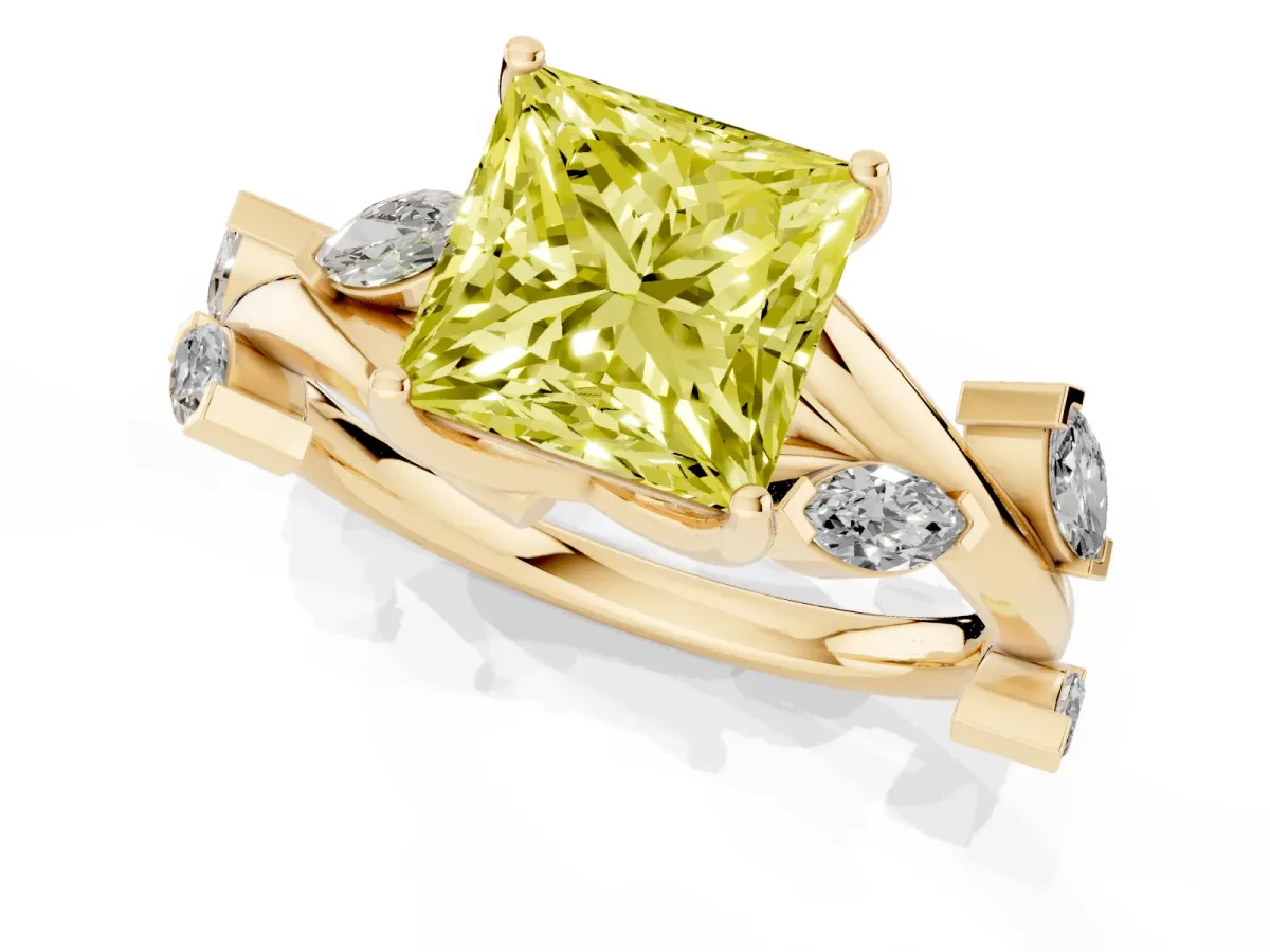 Fancy Yellow Princess Cut Solitaire Twisted Band Marquise Accent Prong Setting Ring Yellow gold