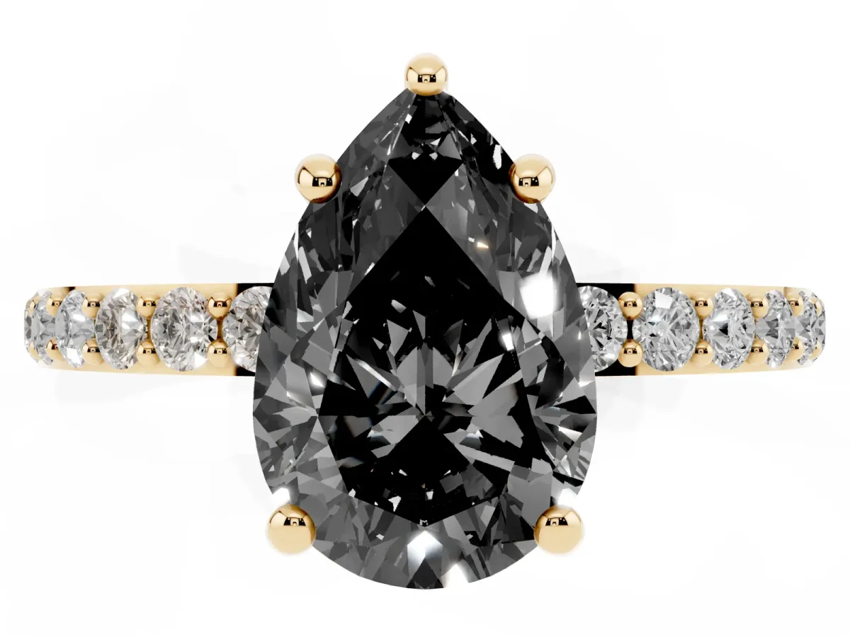 Fancy Black Pear Cut Diamond Solitaire Ring with Round Pavé Band and Prong Setting Yellow gold