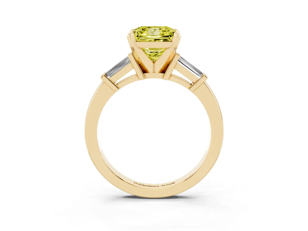 Fancy Yellow Princess Cut Cut Diamond Solitaire Ring with Tapered Baguette Accents and Four-Prong Setting Yellow gold