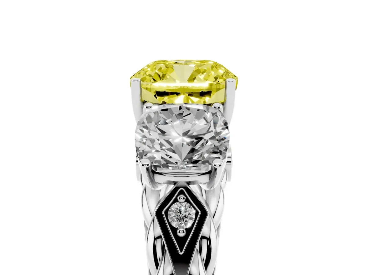 Fancy Yellow Three-Stone Cushion Cut Diamond Braided Band Ring with Four-Prong Setting Silver