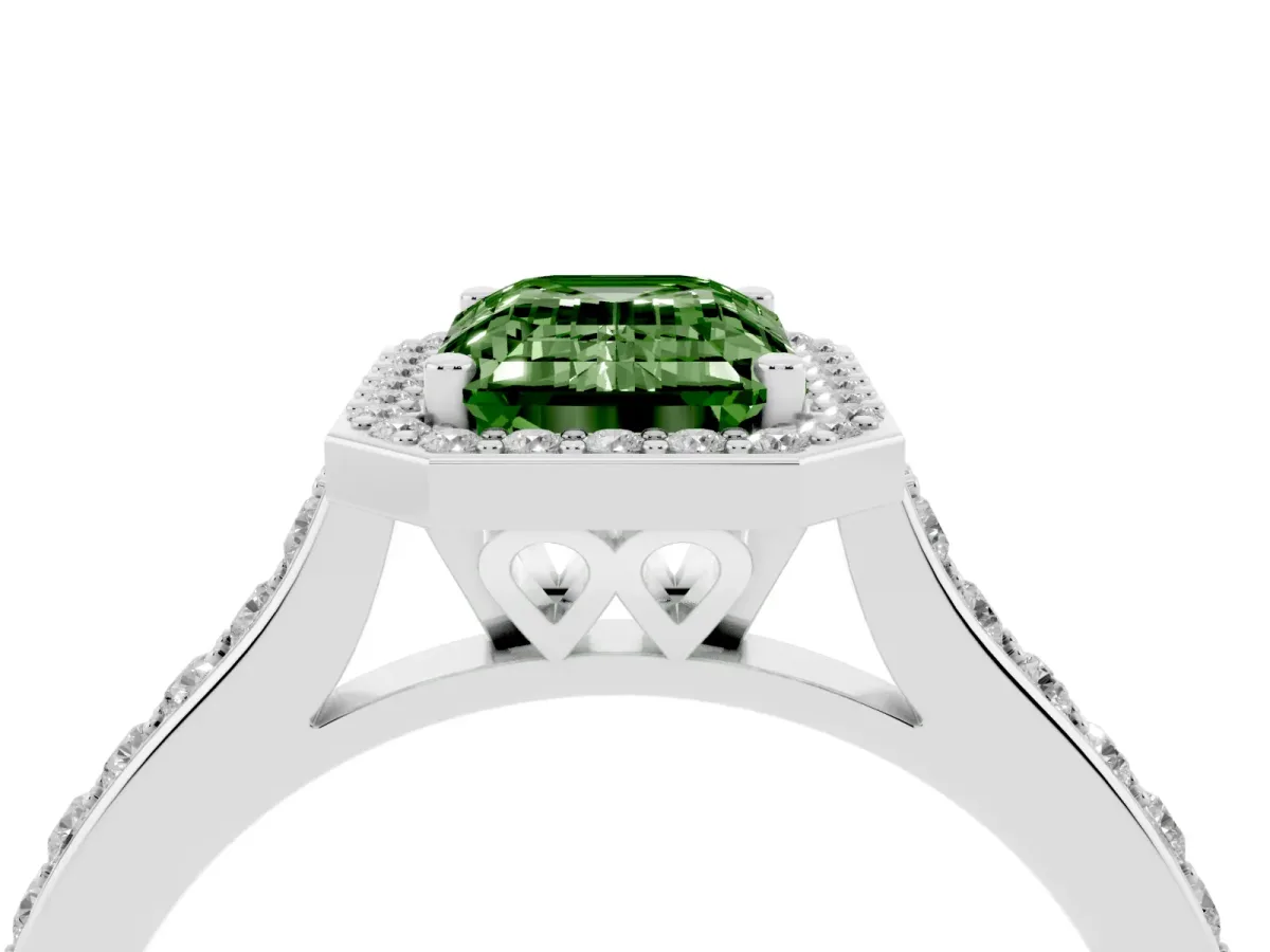 Fancy Green Emerald Cut Diamond Halo Engagement Ring with Round Pavé Shoulders and Prong Setting Silver