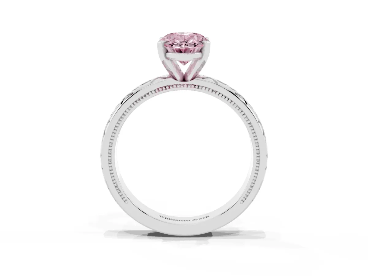 Fancy Pink Oval Cut Solitaire Engagement Ring with Scrollwork Band and Four-Prong Setting Silver