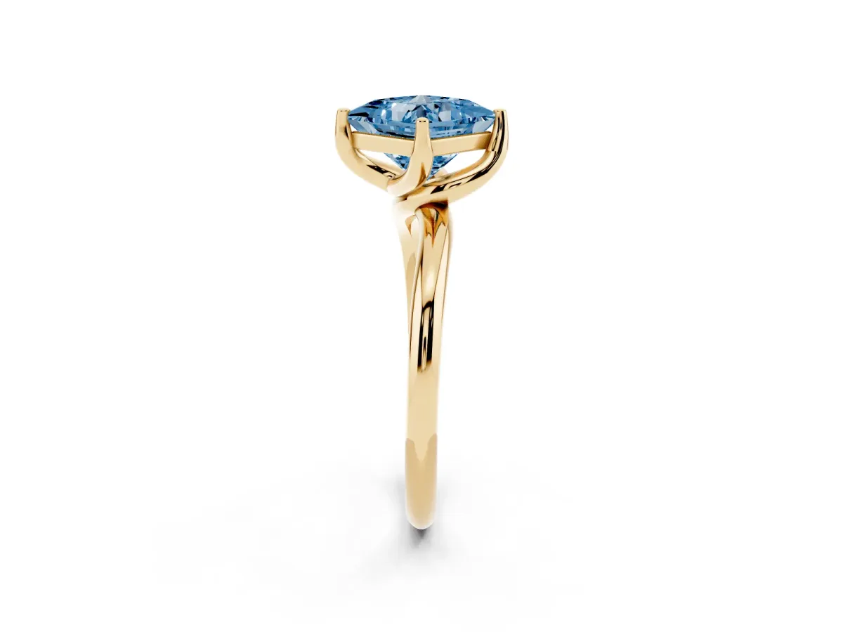 Fancy Blue Princess Cut Diamond Solitaire Engagement Ring with Four-Prong Setting and Classic Band Yellow gold
