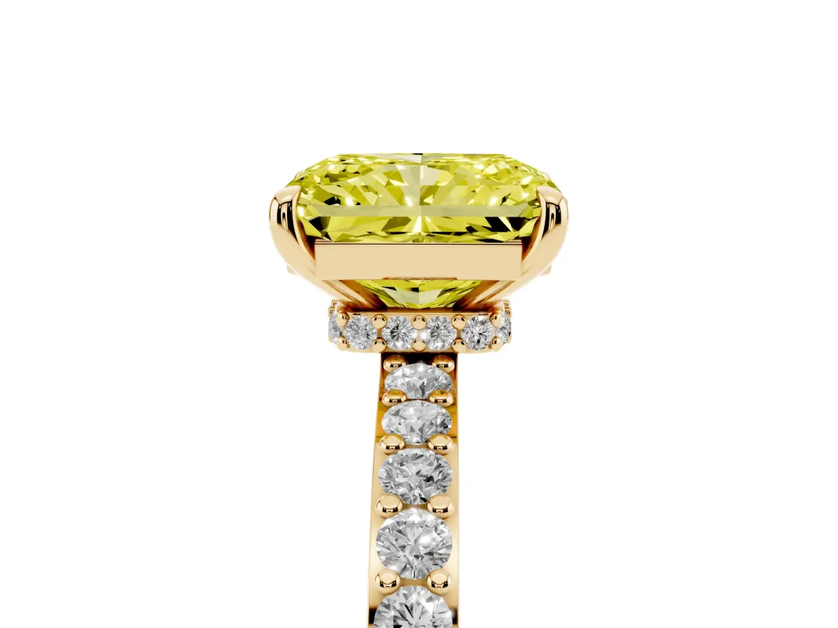 Fancy Yellow Radiant Cut Diamond Pavé Engagement Ring with Round Accents and Prong Setting Yellow gold