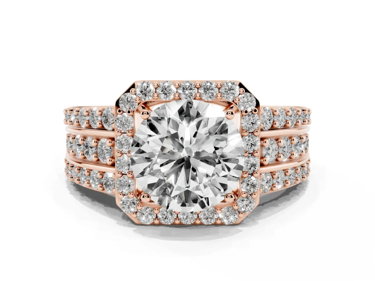Round Cut Halo Diamond Ring with Round Split Shank and Prong Setting Rose gold