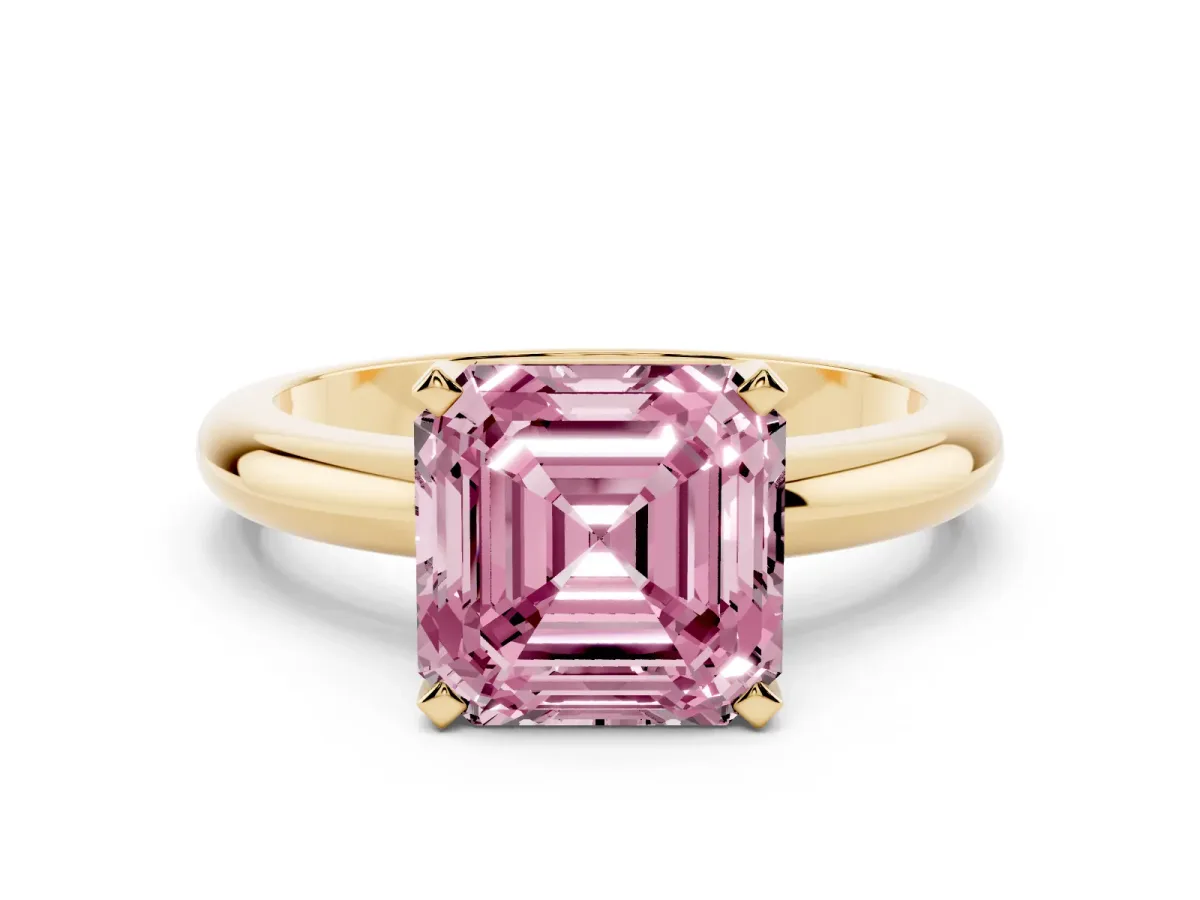 Fancy Pink Asscher Cut Diamond Solitaire Engagement Ring with Round Band and Four-Prong Setting Yellow gold