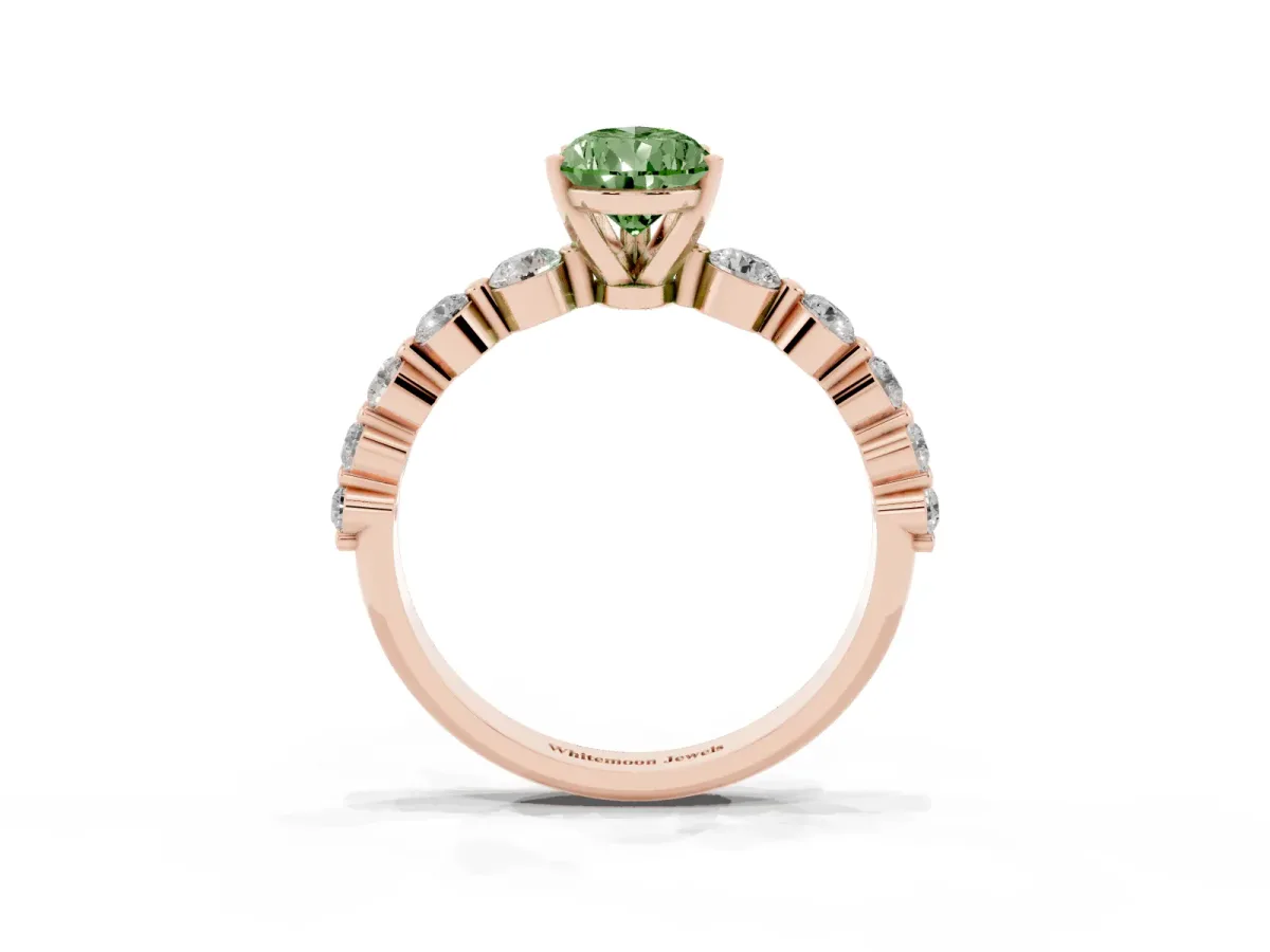 Fancy Green Pear Cut Solitaire Diamond Ring with Pave Band and Four-Prong Setting Rose gold