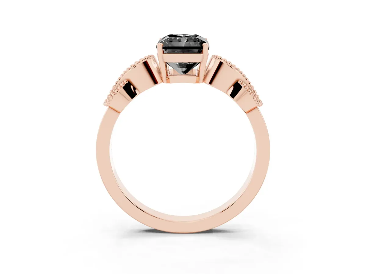 Fancy Black Radiant Cut Solitaire Milgrain Leaf Band with Prong Setting Rose gold