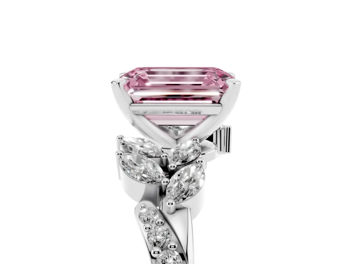 Fancy Pink Emerald Cut Solitaire Marquise Twist Band with Six-Prong Setting Silver