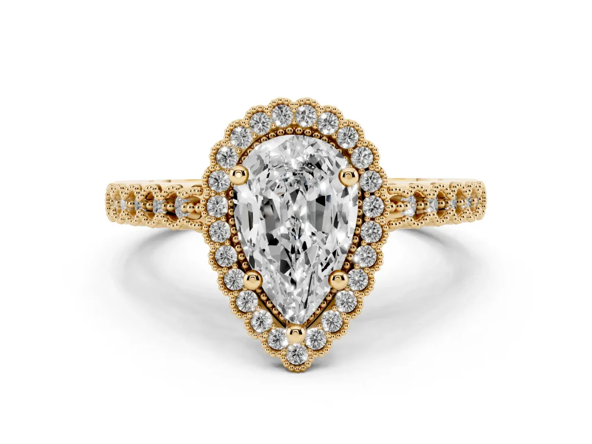 Pear Cut Cut Halo Pavé Solitaire Ring with Milgrain Band Yellow gold